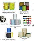 Assorted ropes including DynaTech UHMWPE, winch rope, nylon, and polyester in various sizes and colors.