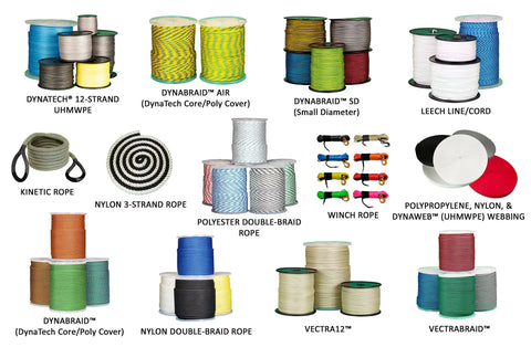 Assorted ropes including DynaTech UHMWPE, winch rope, nylon, and polyester in various sizes and colors.