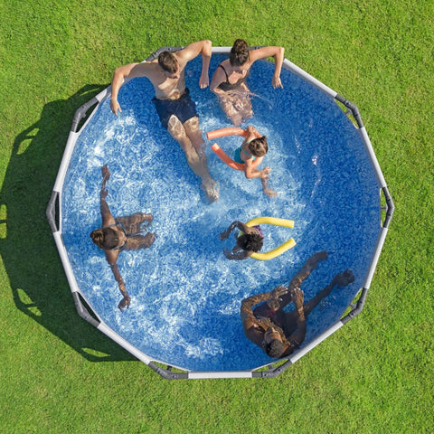 Premium Round Above Ground Swimming Pool 10 Foot Diameter 30 Inch Depth Steel Frame Build filled with children and adults relaxing.