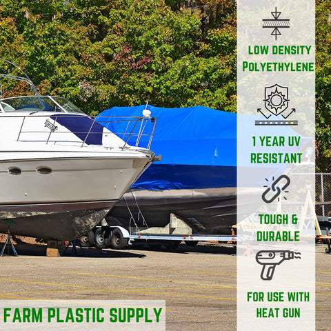 Polyethylene Shrink Wrap Roll 7 Mil Thick 14 Foot By 125 Foot Blue Marine Grade Film covering boats for winter storage.