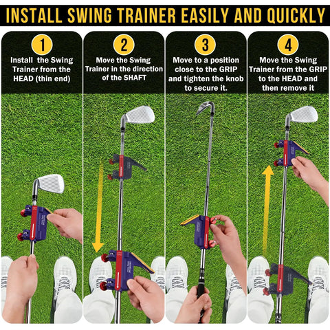 Golf Swing Trainer With Direction Guides For Consistency Accuracy And Stability installation steps in four panels on grass