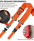 SnapLock Pro Guitar Strap with Quick Release Buckle and Screw Fasten Ends, Handy Quick Fetch Pick Holder, Orange, close-up view