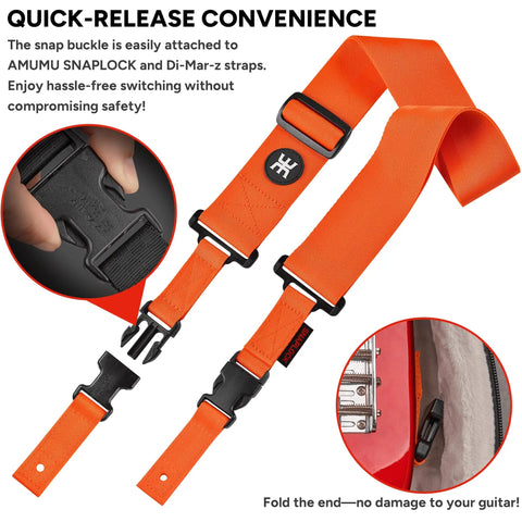 SnapLock Pro Guitar Strap with Quick Release Buckle and Screw Fasten Ends, Handy Quick Fetch Pick Holder, Orange, close-up view