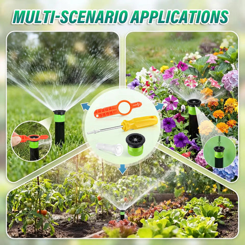 18 Piece Variable Arc Sprinkler Nozzle Kit With Rotor Adjustment Tool And Spare Filters watering flowers, vegetables, and garden setup.