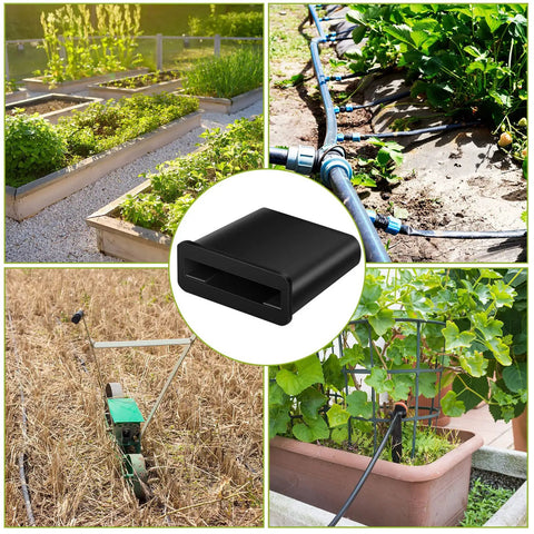25 Pack Folding Drip Tape Row End Caps For Garden Irrigation, 5 By 8 Inch Fit, shown in vegetable beds and landscaping setups