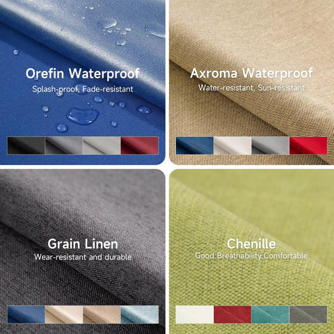 Fabric options for Custom Bench Cushion For Indoor And Outdoor Benches And Window Seats with waterproof, linen, and chenille types.