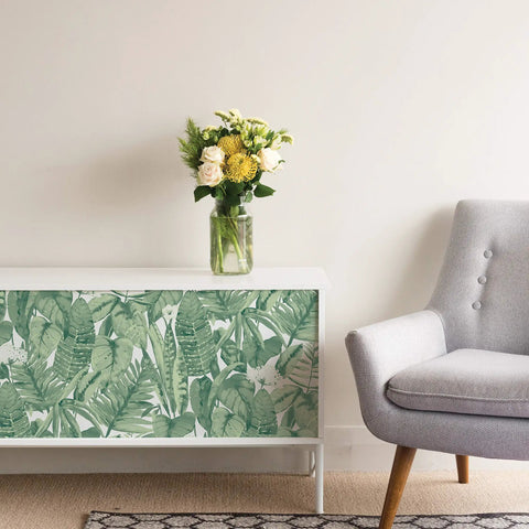 Jungle Green Tropical Peel And Stick Wallpaper Removable Self Adhesive Wall Covering 20.5 In X 16.5 Ft on furniture.