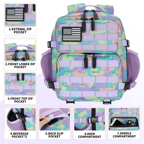 Front view of 9L Mini Tactical Backpack with labeled compartments, ideal daypack for hiking, gym, fitness, travel, outdoor adventures.
