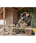 Premium 10 Inch Carbide Table Saw Blade With 24 Teeth For Flat Out Woodcutting speed used with a miter saw on a construction site.