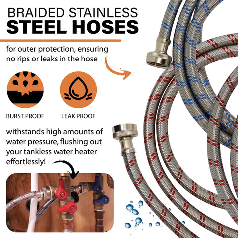 Braided stainless steel hoses from Tankless Water Heater Descaling Flush Kit With Heavy Duty One Sixth Horsepower Pump And Steel Hoses.