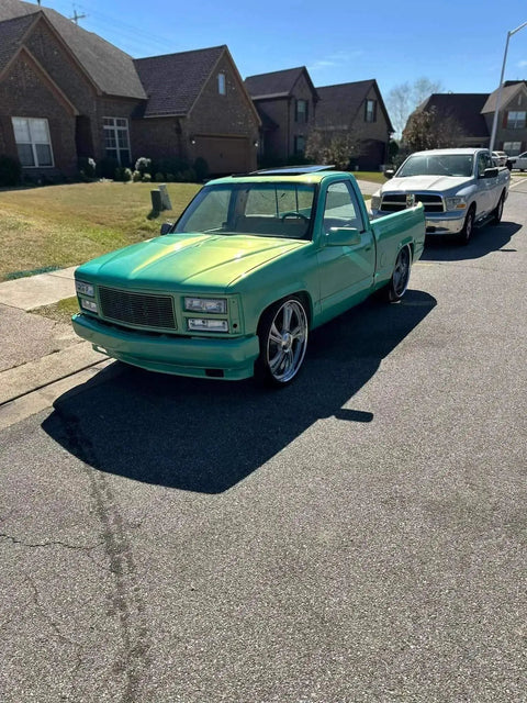 Rich Jade Green Basecoat Paint Gallon Drop In Ready To Spray With Included Fast Dry Reducer For A Slick Satin Finish on a vintage truck.