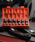 1/2 Inch Drive Metric Shallow Impact Socket Set With Cr-V Steel, 6 Point, 14 Piece, 11-32mm Sockets in orange case on workbench
