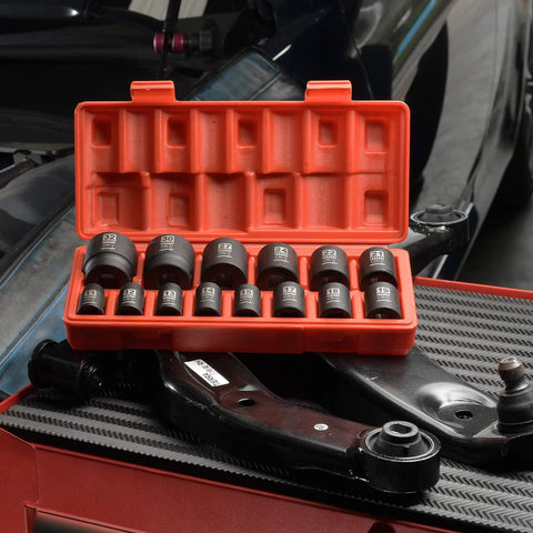 1/2 Inch Drive Metric Shallow Impact Socket Set With Cr-V Steel, 6 Point, 14 Piece, 11-32mm Sockets in orange case on workbench