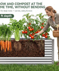 Woman tending plants in 8x4x3 ft Tall Galvanized Raised Garden Bed With Self Watering System and Mesh Cover, showing root depth.