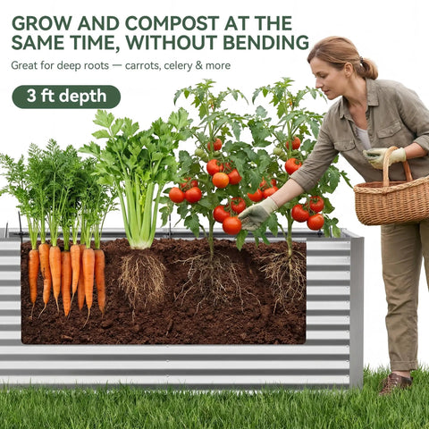 Woman tending plants in 8x4x3 ft Tall Galvanized Raised Garden Bed With Self Watering System and Mesh Cover, showing root depth.