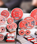 Variety of ceramic and porcelain tile cutting diamond saw blades with packaging, including Seven Inch Diamond Saw Blade For Ceramic And Porcelain Tile Wet Cutting Advanced Ceramic Diamond Technology Pro Grade Clean Cuts Low Noise One Inch Arbor With Five Eighths Inch Brass Washer Adapter One Pack