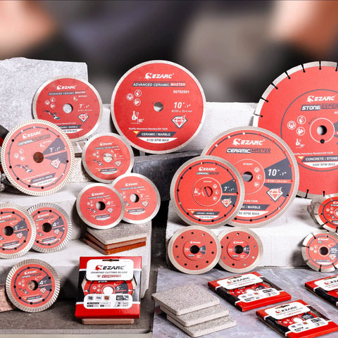 Variety of ceramic and porcelain tile cutting diamond saw blades with packaging, including Seven Inch Diamond Saw Blade For Ceramic And Porcelain Tile Wet Cutting Advanced Ceramic Diamond Technology Pro Grade Clean Cuts Low Noise One Inch Arbor With Five Eighths Inch Brass Washer Adapter One Pack