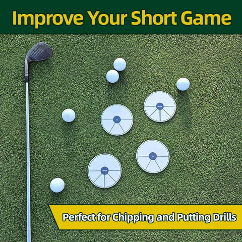 Ghost Hole Putting Targets 4 Pack Official Size 4.25 Inch Flat Discs with golf balls and club on grass surface