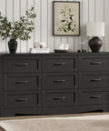 Slap Some Order On Your Room With This 63 Inch Wide Nine Drawer Bedroom Dresser Boasting Deep Storage in sleek black finish.