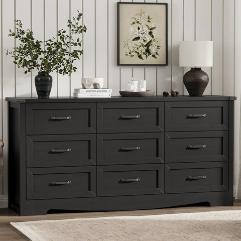 Slap Some Order On Your Room With This 63 Inch Wide Nine Drawer Bedroom Dresser Boasting Deep Storage in sleek black finish.