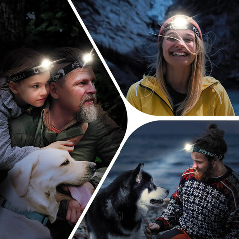 People wearing Ultra Bright LED Headlamp For Outdoor Adventures With White And Red Light Modes in various outdoor settings