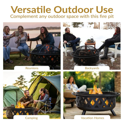 Crossweave Outdoor Wood Burning Fire Pit For Patio Or Yard 36 Inch Round Black Fire Pit for reunions, backyards, camping, vacation homes.