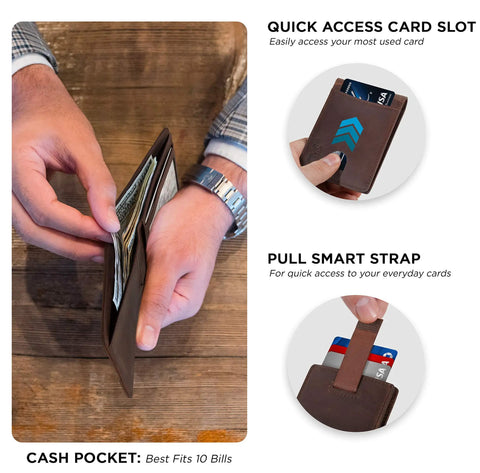 Person holding RFID Blocking Slim Bifold Leather Wallet for Men, showing card slots and cash pocket, Genuine Texas Brown