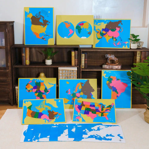 Montessori Wooden World Map Puzzle Set 23 Inch, 8 Geography Puzzles World USA Canada Europe displayed on shelves
