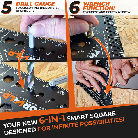 Six In One Carpenter Square Seven Inch T Square For Fast Woodworking showing drill gauge and wrench functions