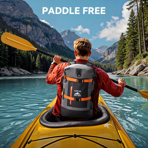 Person kayaking with Waterproof Dry Bag Backpack 40L for Men and Women Roll Top Rugged Heavy Duty Cushioned Hiking Pack