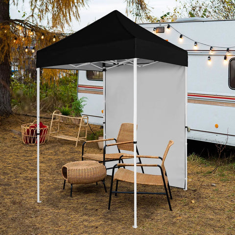 5x5 Pop Up Canopy Tent With Removable Side Wall, Easy Setup Portable Sun Shelter With Carry Bag, Your Go To Outdoor Shade For Beach, Camping, Sports And Backyard, Black, set up in campsite with chairs.