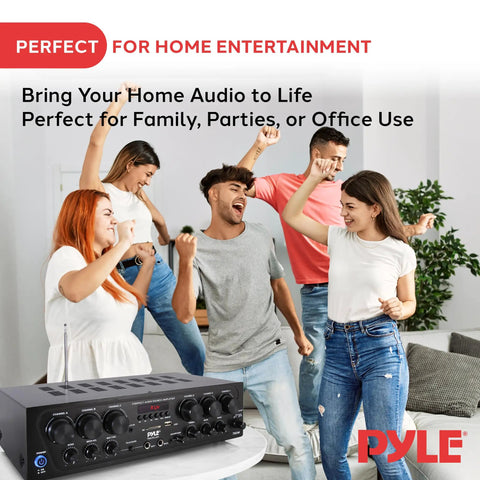 Group enjoying music with Bluetooth Wireless Home Amplifier System With 6 Channel Power 750 Watts, shown in foreground.