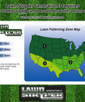 Lawn Stryper Generation 3 map showing 3 grass patterning zones across the United States with instructions on sand weight.