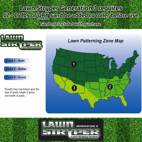 Lawn Stryper Generation 3 map showing 3 grass patterning zones across the United States with instructions on sand weight.
