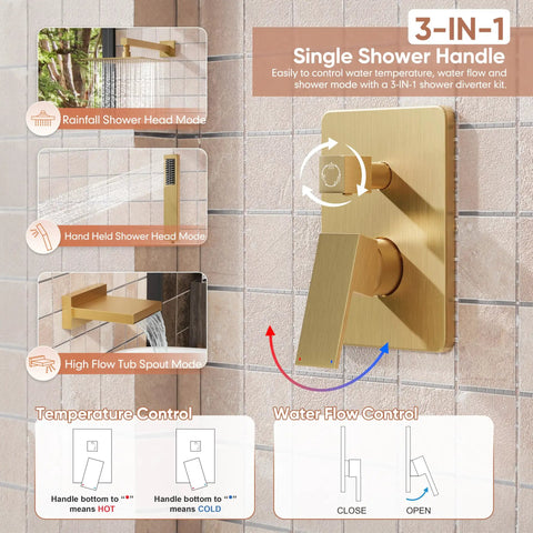 Slick Brushed Gold Shower System Featuring Wall Mounted Rainfall Head And Adjustable Body Spray Jets, Includes Durable Tub Spout, Hassle Free Plumbing Setup, Premium Fixtures For Your Bathroom Glow Up