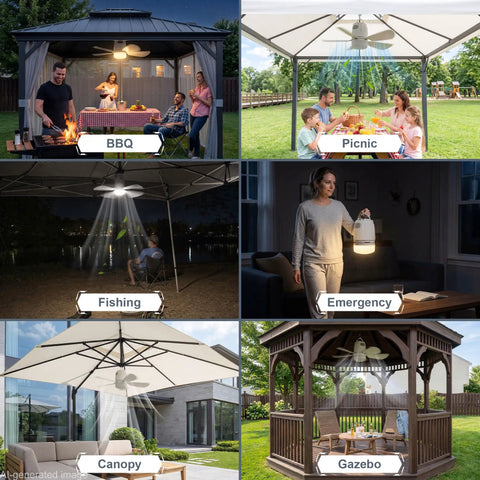 Kick Back And Chill With This Wireless Ceiling Fan 20 Inches Powered By 20000mAh Battery And Smooth LED Lighting Remote Control For Backyard Gazebo Setup used in various outdoor settings.