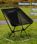 Ultra Lightweight Compact Camping Chair With Low Back Minimalist Design on grass, showing dimensions and weight capacity