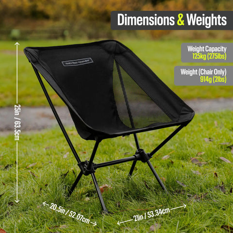 Ultra Lightweight Compact Camping Chair With Low Back Minimalist Design on grass, showing dimensions and weight capacity
