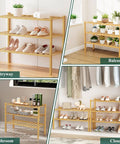 Three Tier Bamboo Shoe Rack Organizer in various settings: entryway, balcony, bathroom, closet with natural finish and large capacity.