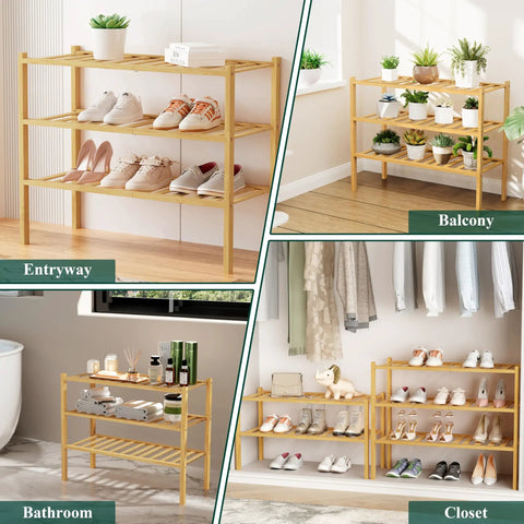 Three Tier Bamboo Shoe Rack Organizer in various settings: entryway, balcony, bathroom, closet with natural finish and large capacity.
