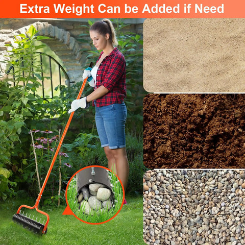 Woman using Push Lawn Aerator 21 Inch Tool With Preassembled Spikes And Quick Clip For No Fuss Setup Heavy Duty Manual Aerator