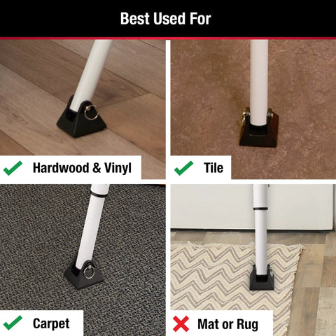Heavy Duty Folding Door Security Bar With Adjustable Length From 25.5 To 43.5 Inches on various floor surfaces indoors showing best use on hardwood, vinyl, tile, carpet and not on mats.