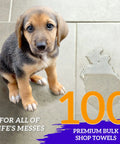 Puppy on tile floor with spill promoting Blue Cotton Shop Towels 12 By 14 Inches Heavy Duty Workhorse Pack Of 100 Reusable Absorbent Cleaning Rags