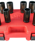 3/4 Inch Square Drive Deep Metric 6 Point Impact Socket Set 8 Piece In Blow Molded Case Chrome Moly Premium Construction Lead In Chamfer For Quick Connections Lifetime Limited Warranty Heavy Duty Mechanics Tools displayed on red case