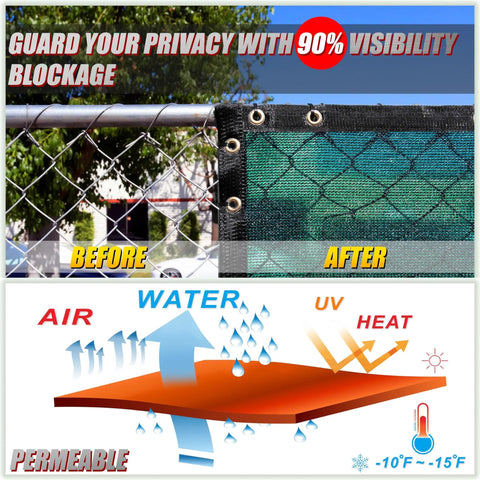 6 Ft By 50 Ft Green Fence Privacy Screen Windscreen Cover Fabric Shade Netting Mesh Cloth Pro Grade 170 GSM UV Stabilized Virgin HDPE Cable Zip Ties Included Custom Size Available installed on a chain-link fence.