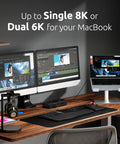 Butter Smooth Thunderbolt 5 Dock For MacBook Pro And Max, 140W Fast Charge, 80Gbps Data Transfer, Hella Crisp 8K Video Output, Lockable M2 Drive Slot, Total Game Changer Setup with monitors and keyboard setup.
