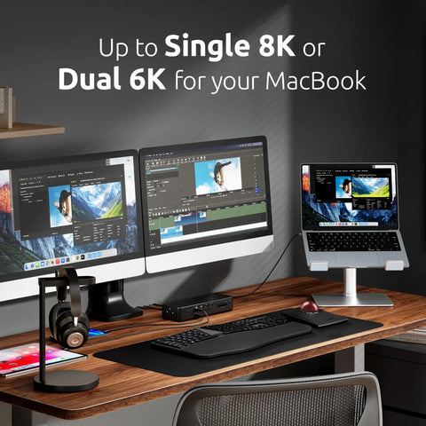 Butter Smooth Thunderbolt 5 Dock For MacBook Pro And Max, 140W Fast Charge, 80Gbps Data Transfer, Hella Crisp 8K Video Output, Lockable M2 Drive Slot, Total Game Changer Setup with monitors and keyboard setup.
