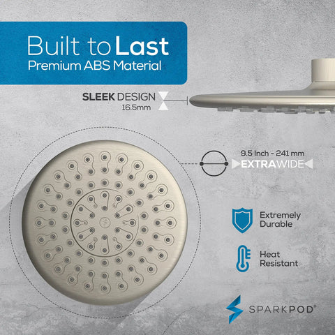 9.5 Inch Large Luxury Rain Shower Head For Full Body Coverage With High Pressure Flow No Fuss Setup Anti Clog Silicone Nozzles Easy Install And No Leaks In Brushed Nickel Finish, circular design with labeled features