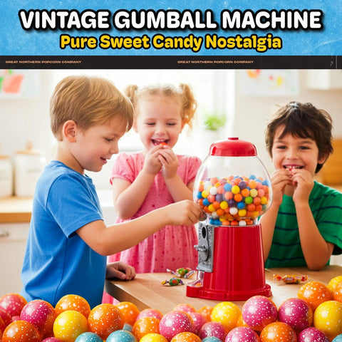 Kids enjoying colorful treats from a Killer Vintage Style Red Cast Metal 11 Inch Self Serve Gumball Candy Dispenser.