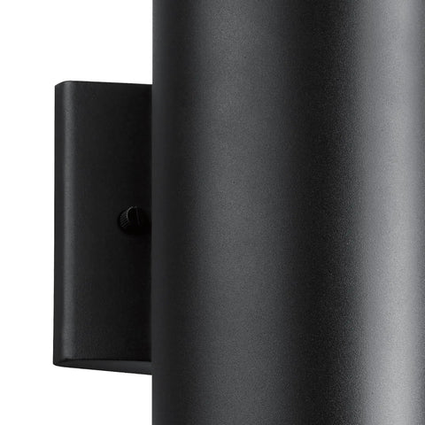 Close-up of textured black 12 inch outdoor wall sconce cylinder exterior LED light 1 light front porch fixture.